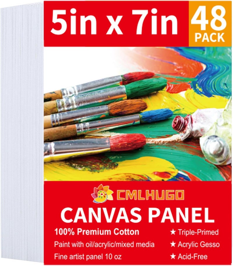 CMLHUGO 48 Pack 5x7 Inch Boards Blank for Painting, Kids Art Painting Canvases, Primed 100% Cotton Canvas Panels for Acrylic Oil Watercolor Tempera Paints - Image 1